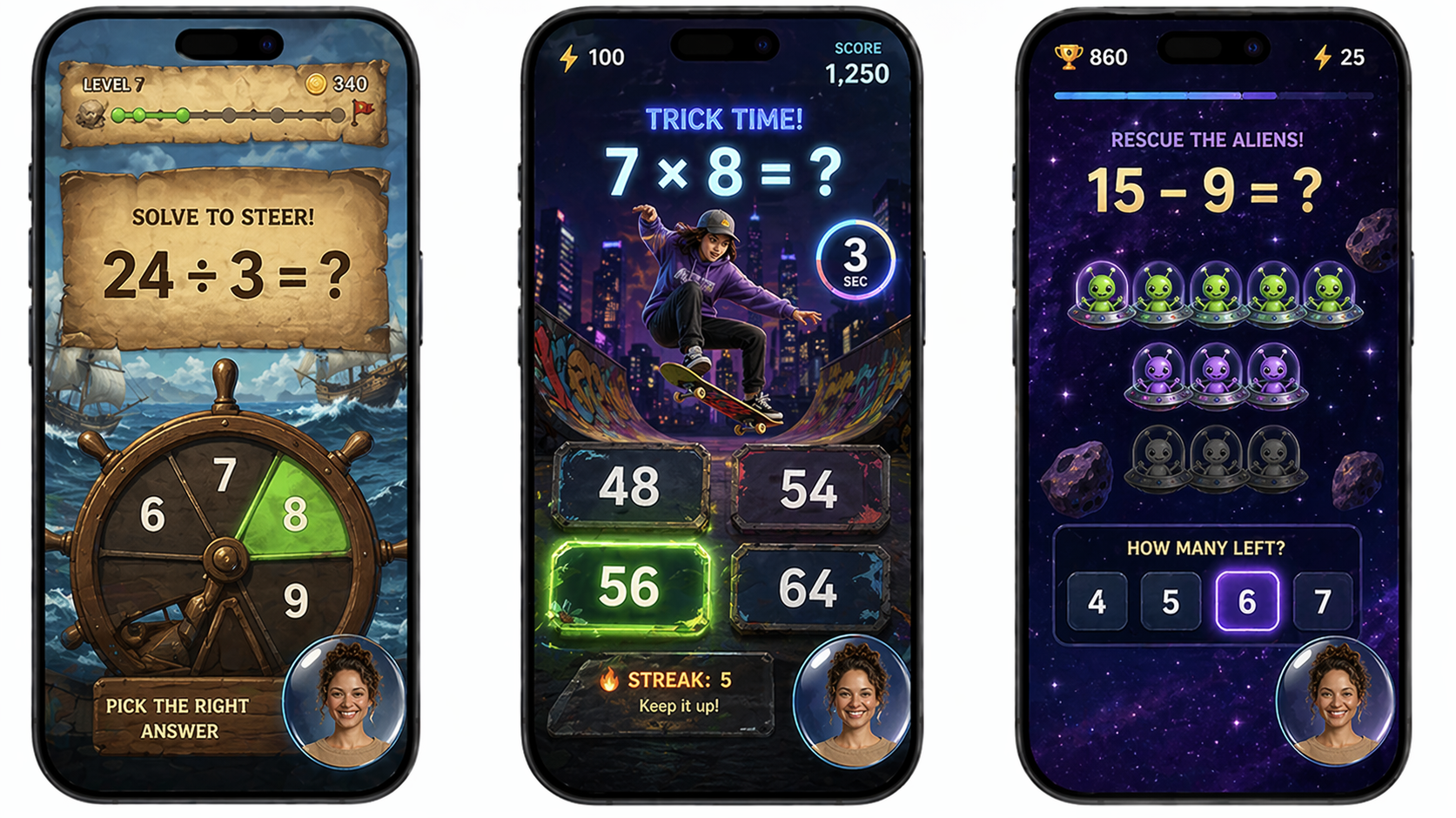 Three phone screens showing numeracy game scenarios with pirate ship steering wheel, a skateboarder trick time challenge, and a space alien rescue mission.